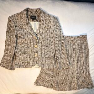Vintage Biacci 100% Silk Tweed Women’s Skirt Suit 8 beige tan black USA made